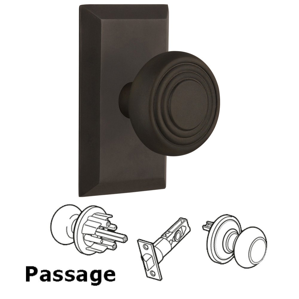 Nostalgic Warehouse Complete Passage Set Without Keyhole - Studio Plate with Deco Knob in Oil Rubbed Bronze