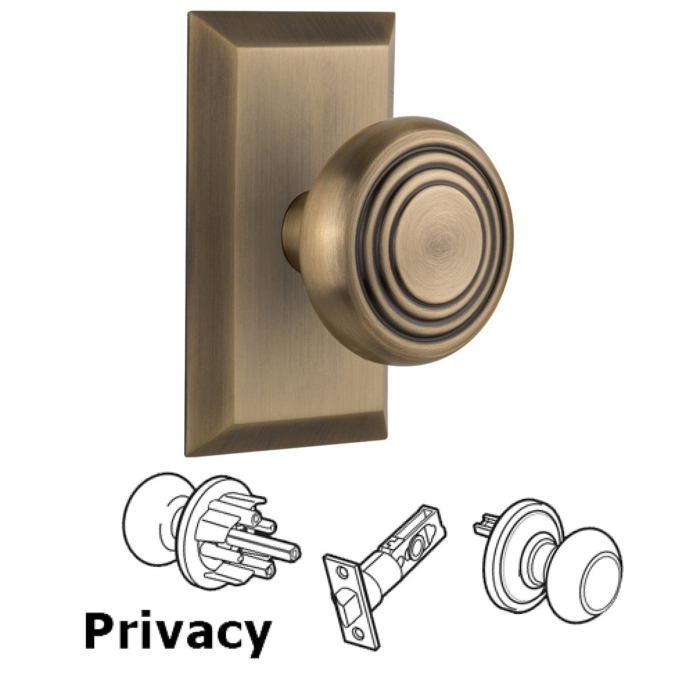 Nostalgic Warehouse Complete Privacy Set Without Keyhole - Studio Plate with Deco Knob in Antique Brass