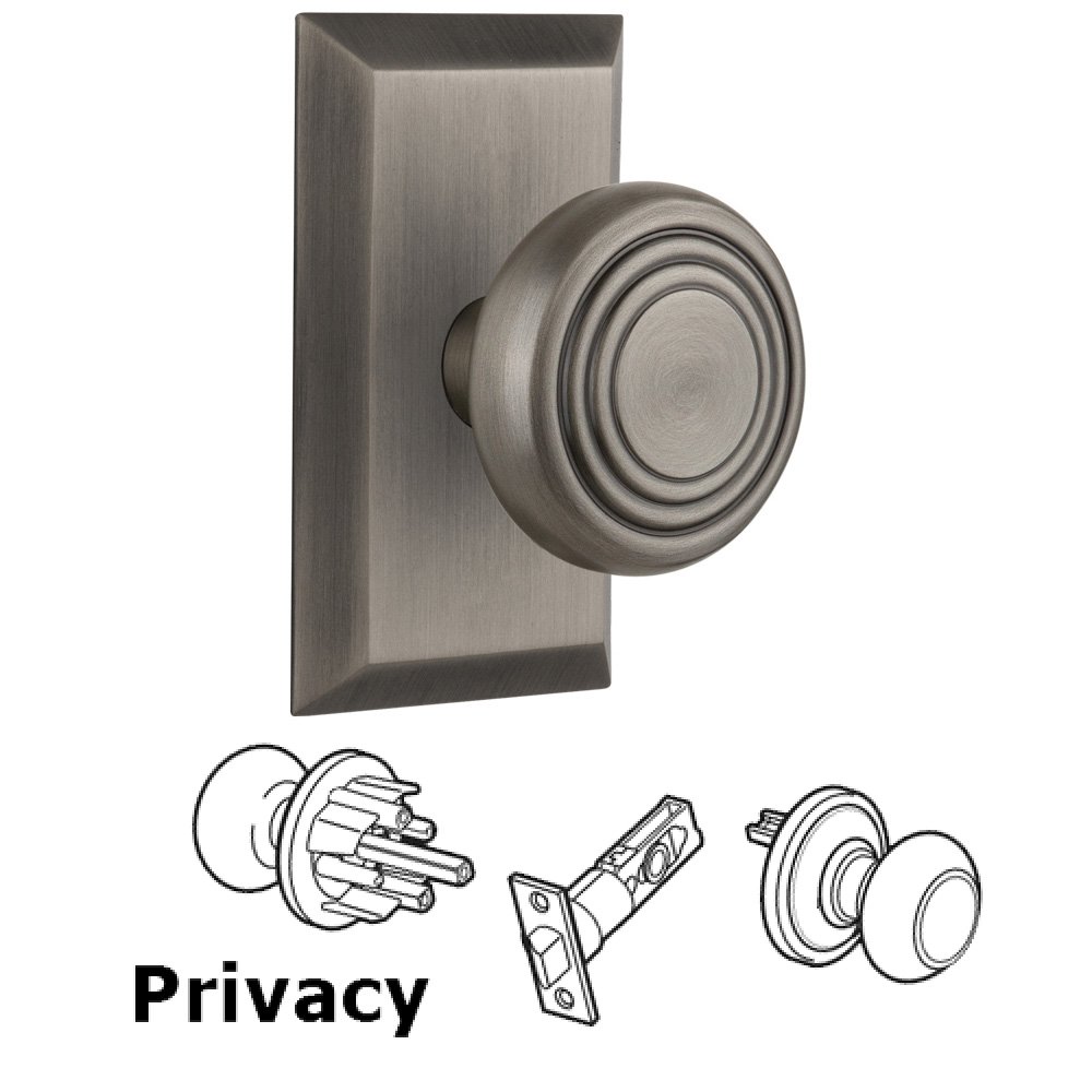 Nostalgic Warehouse Complete Privacy Set Without Keyhole - Studio Plate with Deco Knob in Antique Pewter