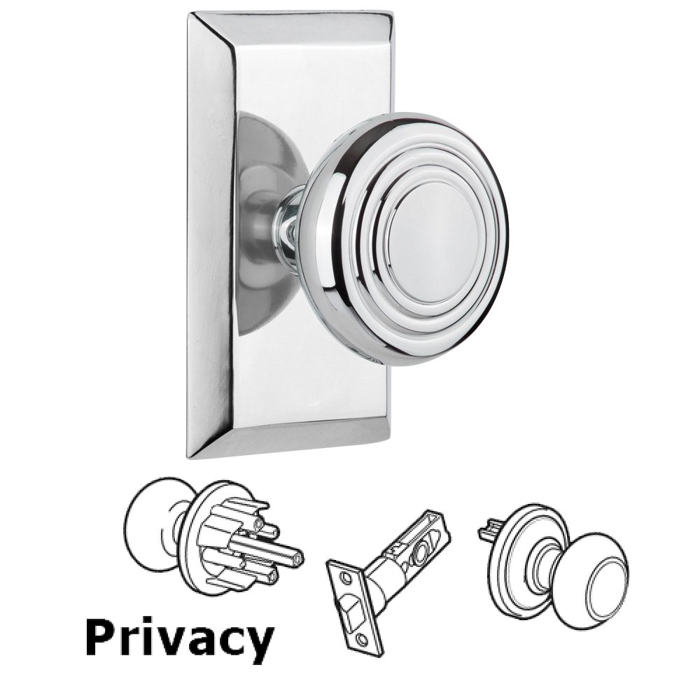 Nostalgic Warehouse Complete Privacy Set Without Keyhole - Studio Plate with Deco Knob in Bright Chrome