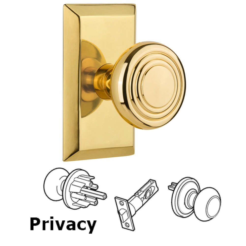 Nostalgic Warehouse Complete Privacy Set Without Keyhole - Studio Plate with Deco Knob in Polished Brass