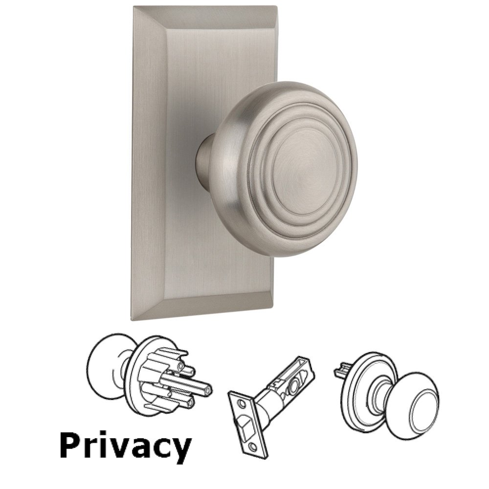 Nostalgic Warehouse Complete Privacy Set Without Keyhole - Studio Plate with Deco Knob in Satin Nickel