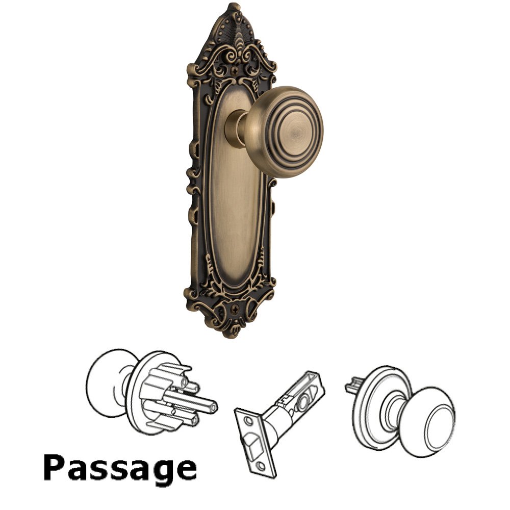 Nostalgic Warehouse Complete Passage Set Without Keyhole - Victorian Plate with Deco Knob in Antique Brass