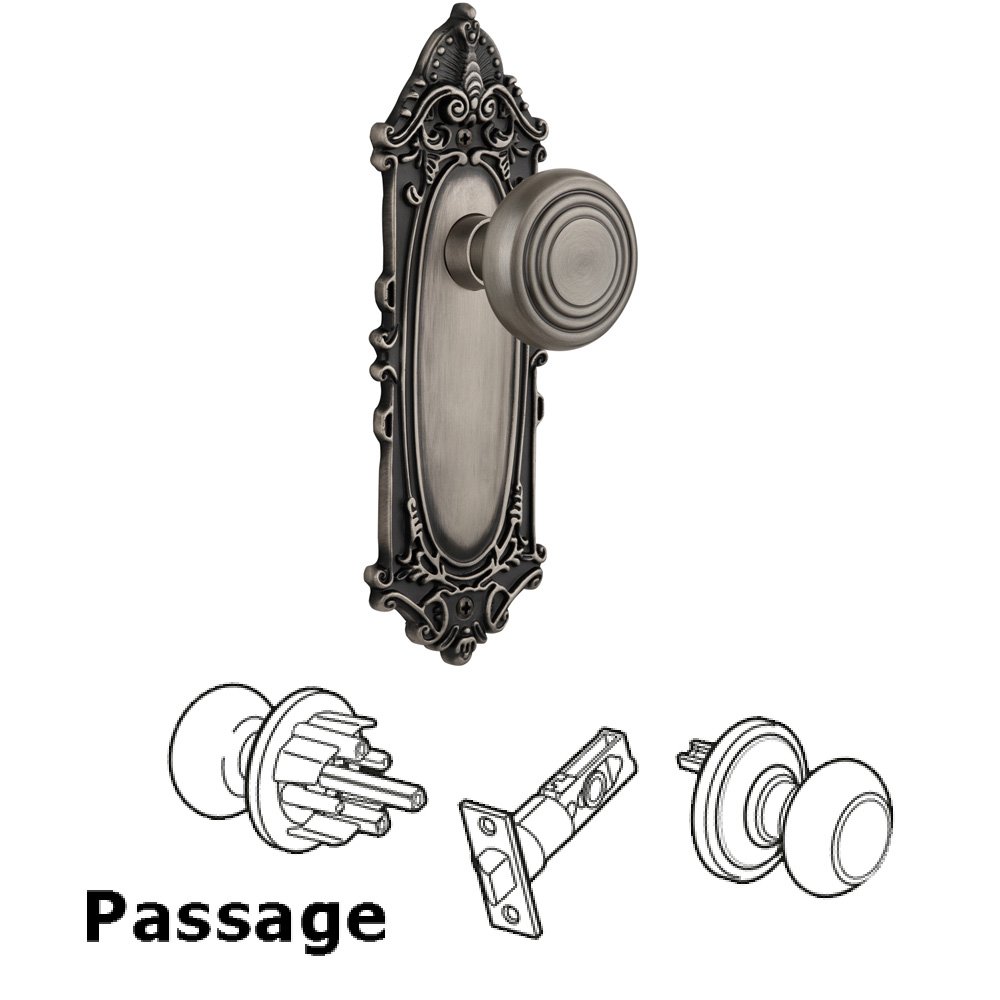 Nostalgic Warehouse Complete Passage Set Without Keyhole - Victorian Plate with Deco Knob in Antique Pewter