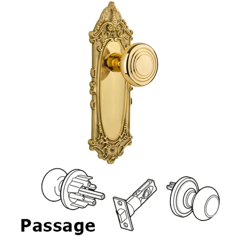 Nostalgic Warehouse Complete Passage Set Without Keyhole - Victorian Plate with Deco Knob in Polished Brass