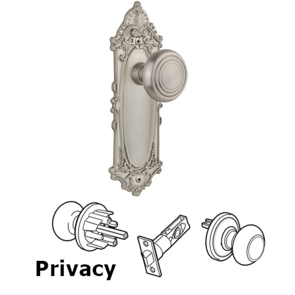 Nostalgic Warehouse Complete Privacy Set Without Keyhole - Victorian Plate with Deco Knob in Satin Nickel