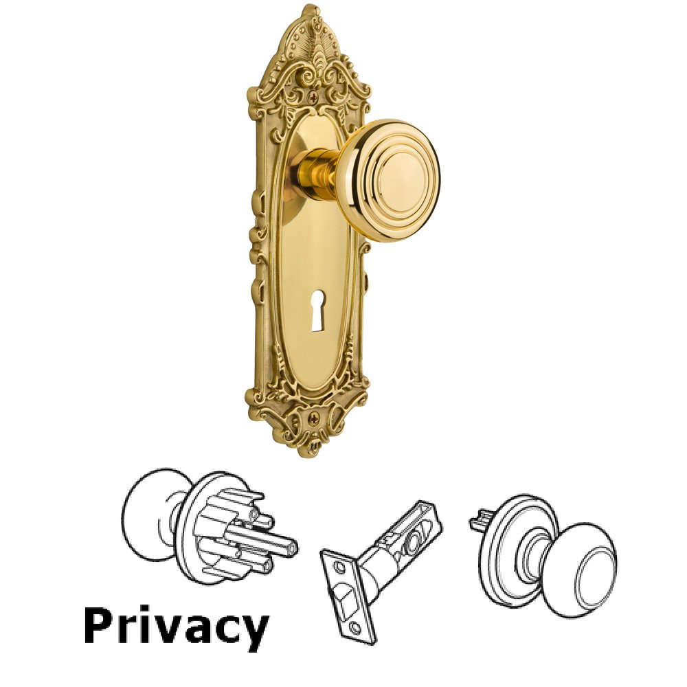 Nostalgic Warehouse Complete Privacy Set With Keyhole - Victorian Plate with Deco Knob in Polished Brass