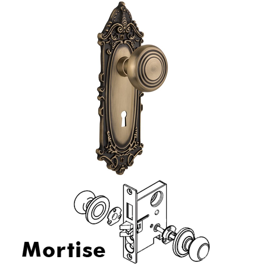 Nostalgic Warehouse Complete Mortise Lockset - Victorian Plate with Deco Knob in Antique Brass