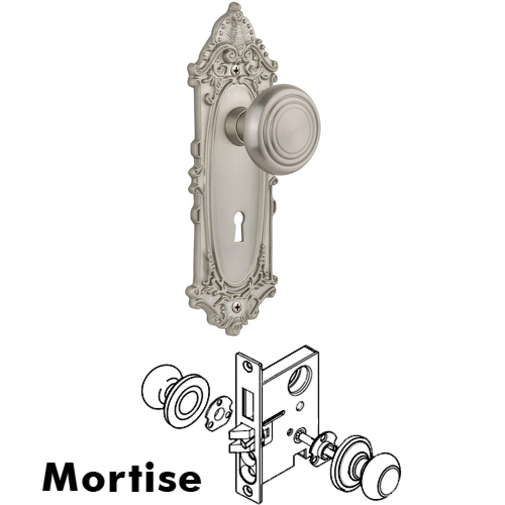 Nostalgic Warehouse Complete Mortise Lockset - Victorian Plate with Deco Knob in Satin Nickel