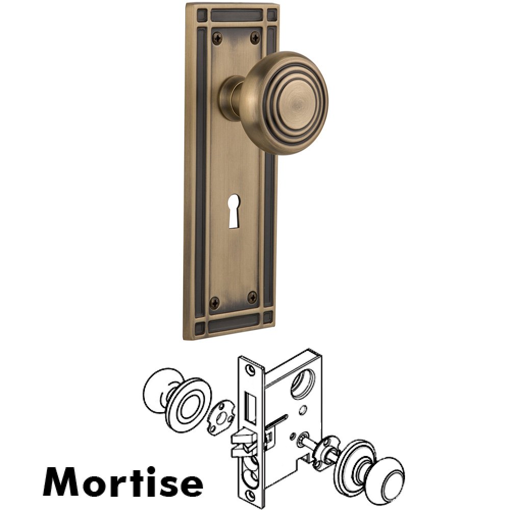 Nostalgic Warehouse Complete Mortise Lockset - Mission Plate with Deco Knob in Antique Brass