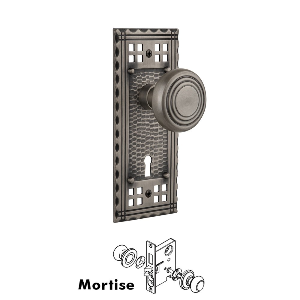 Nostalgic Warehouse Complete Mortise Lockset - Craftsman Plate with Deco Knob in Antique Pewter