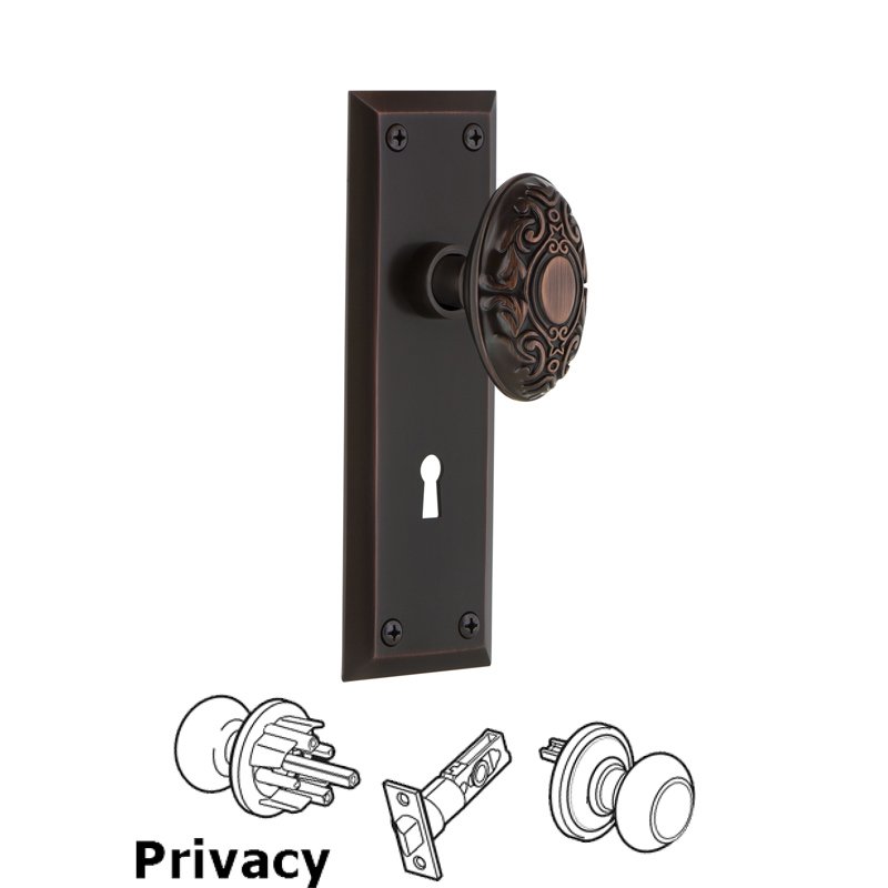 Nostalgic Warehouse Complete Privacy Set with Keyhole - New York Plate with Victorian Door Knob in Timeless Bronze