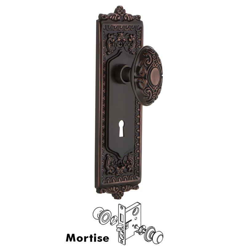 Nostalgic Warehouse Complete Mortise Lockset with Keyhole - Egg & Dart Plate with Victorian Door Knob in Timeless Bronze