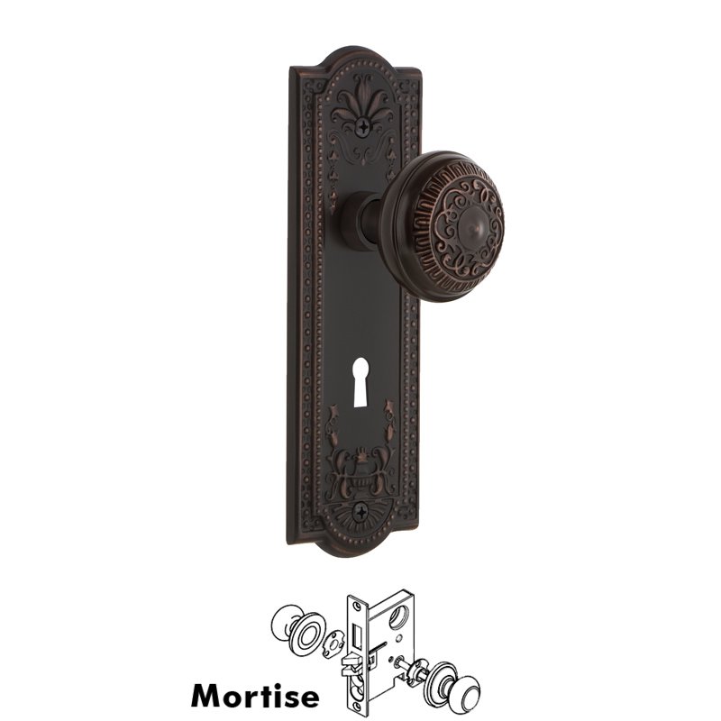 Nostalgic Warehouse Complete Mortise Lockset with Keyhole - Meadows Plate with Egg & Dart Door Knob in Timeless Bronze