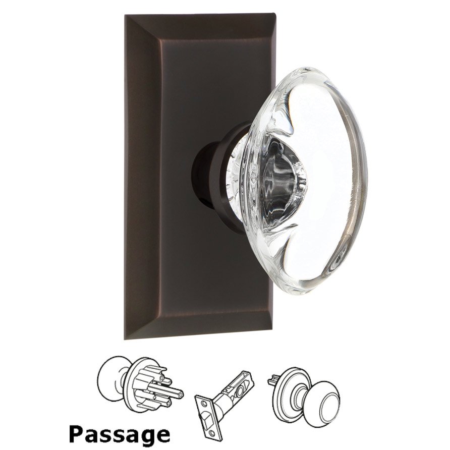 Nostalgic Warehouse Complete Passage Set - Studio Plate with Oval Clear Crystal Glass Door Knob in Timeless Bronze