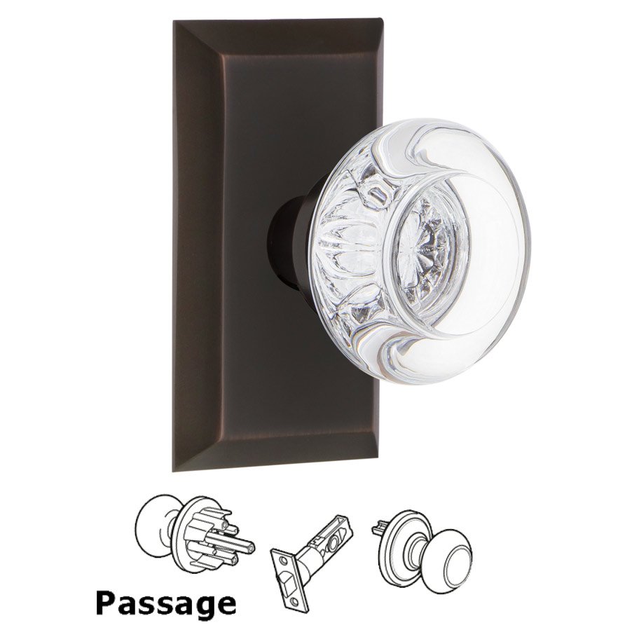 Nostalgic Warehouse Complete Passage Set - Studio Plate with Round Clear Crystal Glass Door Knob in Timeless Bronze