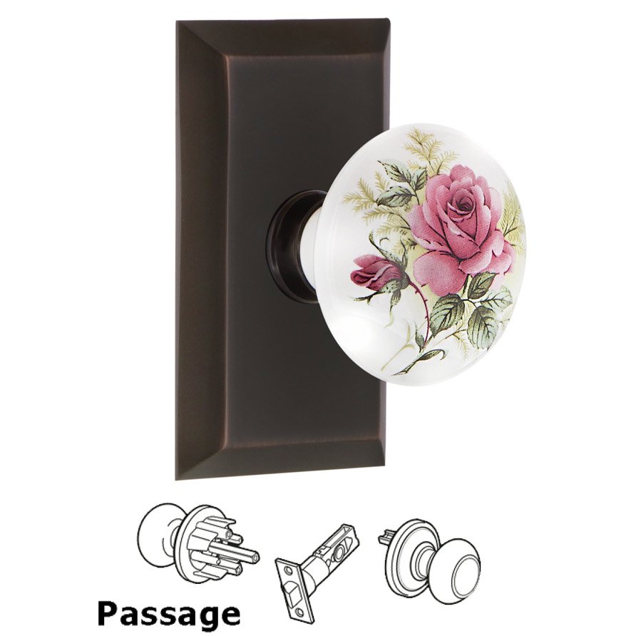 Nostalgic Warehouse Complete Passage Set - Studio Plate with White Rose Porcelain Door Knob in Timeless Bronze