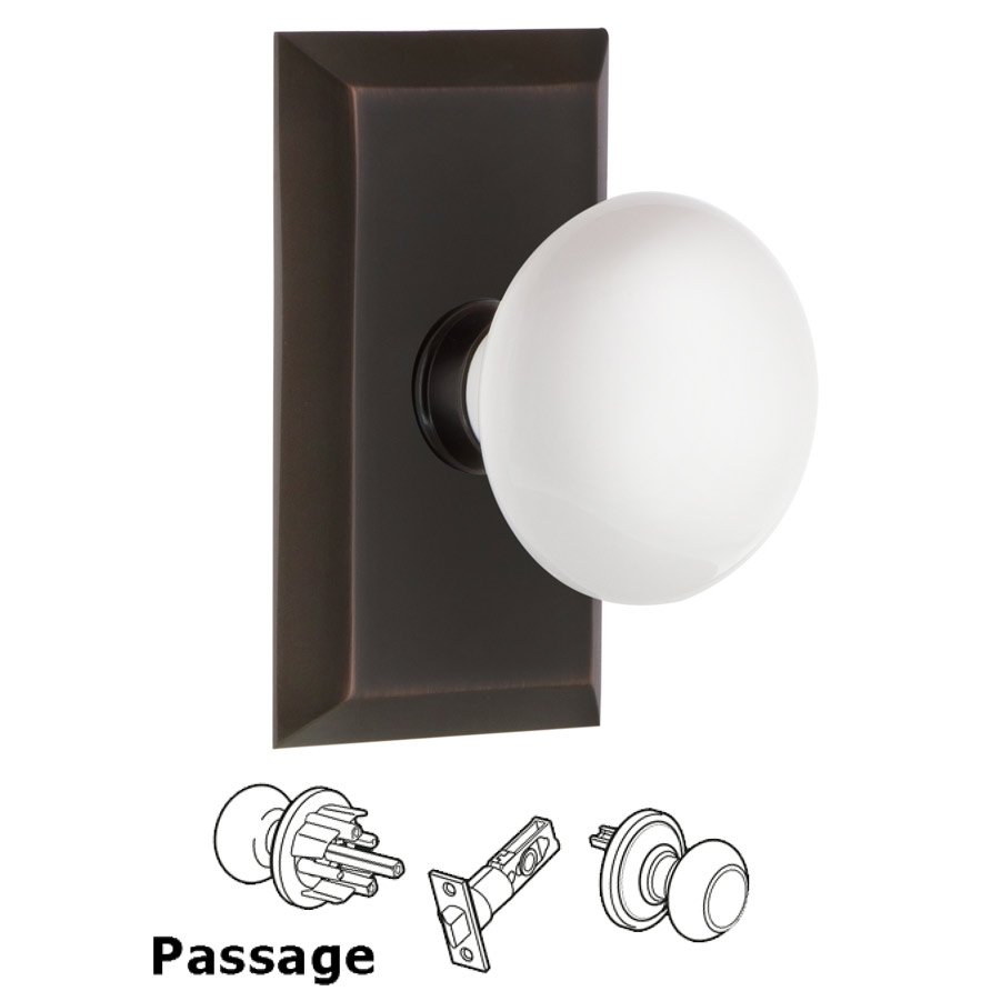 Nostalgic Warehouse Complete Passage Set - Studio Plate with White Porcelain Door Knob in Timeless Bronze