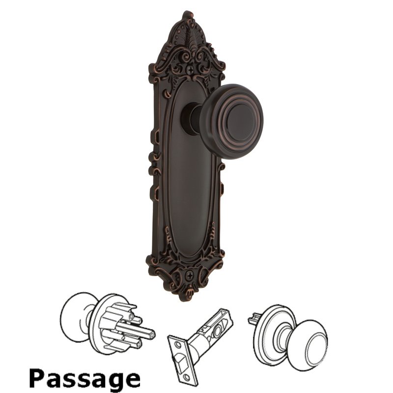 Nostalgic Warehouse Complete Passage Set - Victorian Plate with Deco Door Knob in Timeless Bronze
