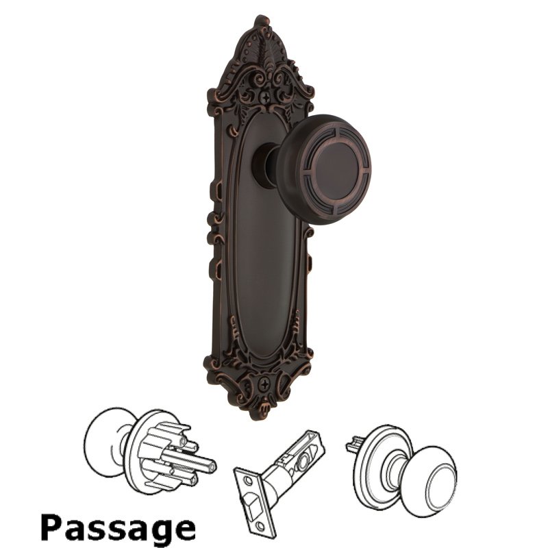 Nostalgic Warehouse Complete Passage Set - Victorian Plate with Mission Door Knob in Timeless Bronze