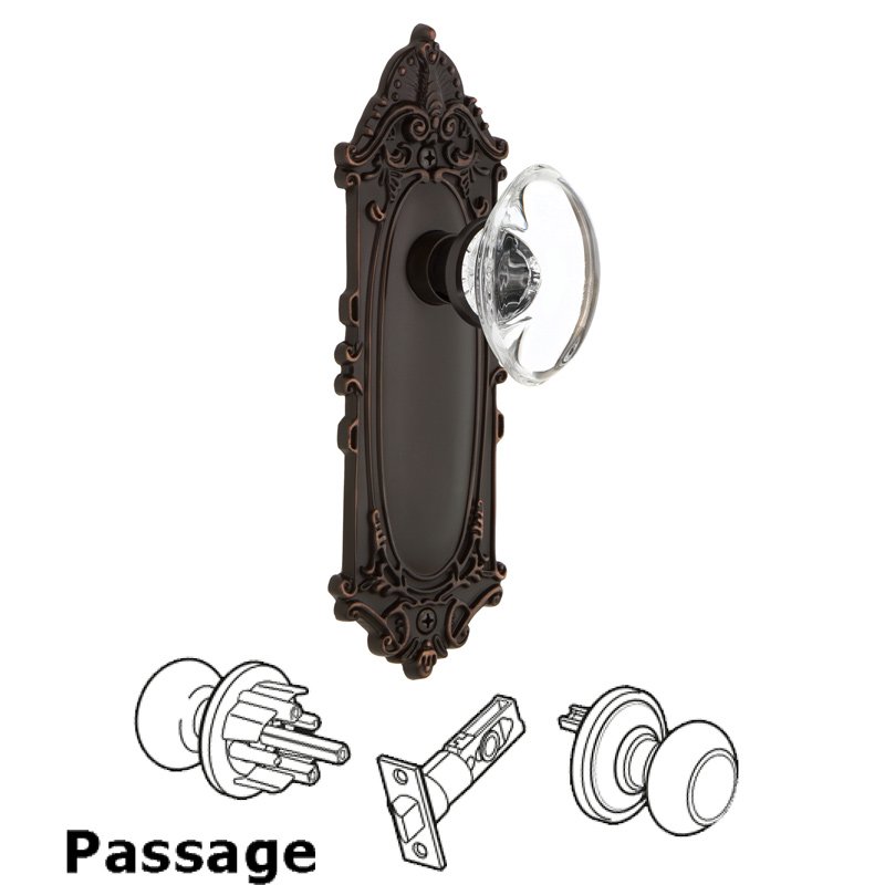 Nostalgic Warehouse Complete Passage Set - Victorian Plate with Oval Clear Crystal Glass Door Knob in Timeless Bronze