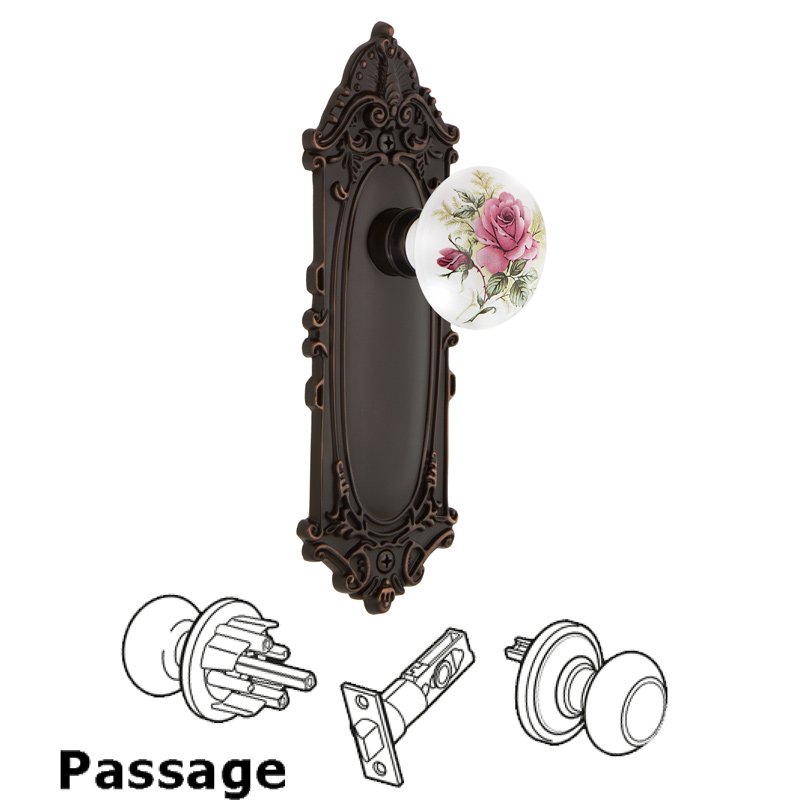 Nostalgic Warehouse Complete Passage Set - Victorian Plate with White Rose Porcelain Door Knob in Timeless Bronze