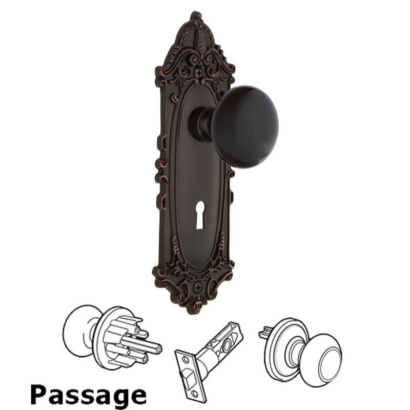 Nostalgic Warehouse Complete Passage Set with Keyhole - Victorian Plate with Black Porcelain Door Knob in Timeless Bronze