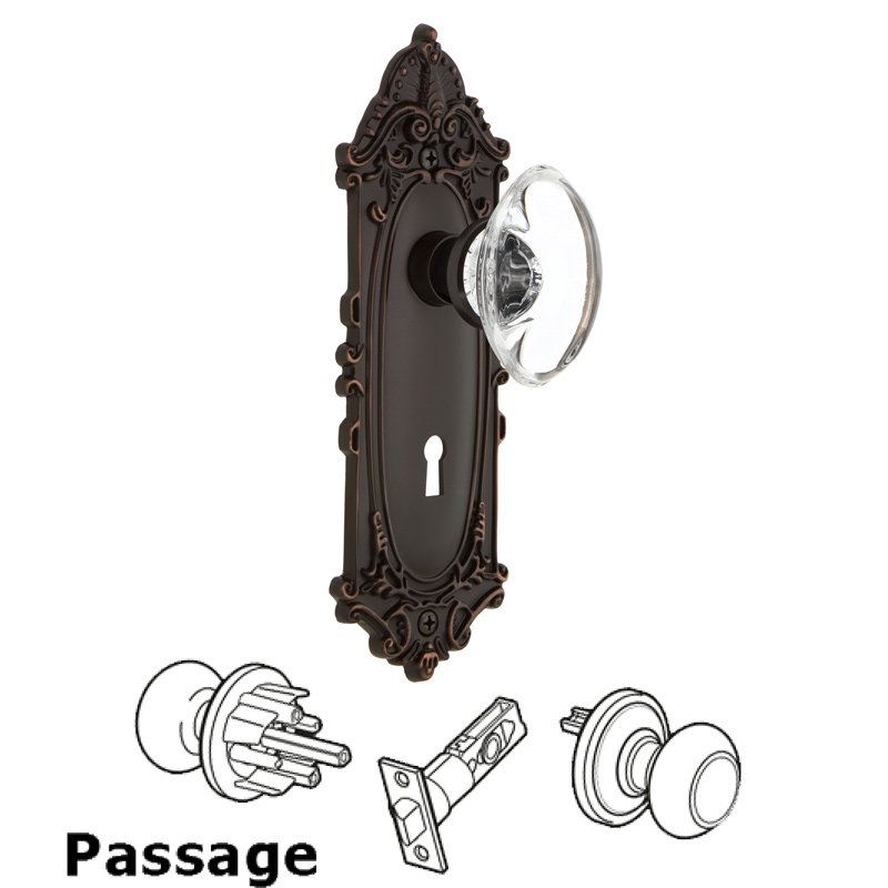 Nostalgic Warehouse Passage Victorian Plate with Keyhole and Oval Clear Crystal Glass Door Knob in Timeless Bronze