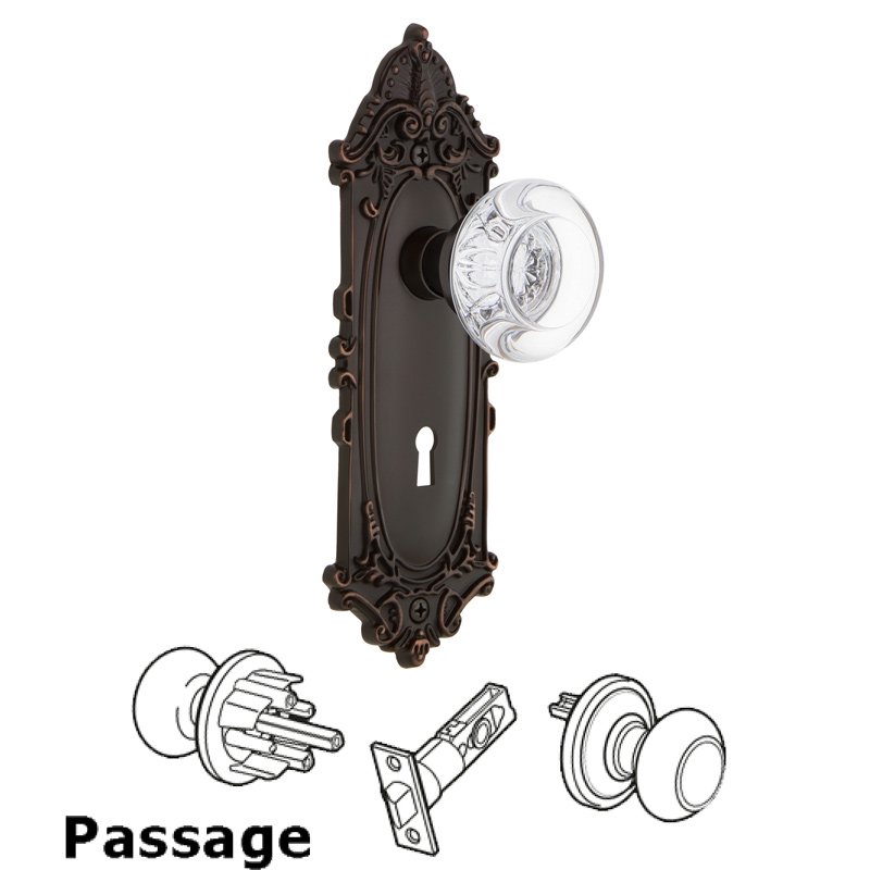 Nostalgic Warehouse Complete Passage Set with Keyhole - Victorian Plate with Round Clear Crystal Glass Door Knob in Timeless Bronze
