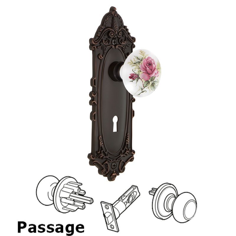 Nostalgic Warehouse Complete Passage Set with Keyhole - Victorian Plate with White Rose Porcelain Door Knob in Timeless Bronze