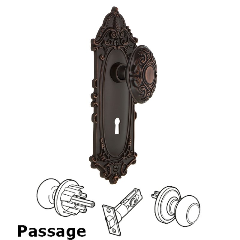 Nostalgic Warehouse Complete Passage Set with Keyhole - Victorian Plate with Victorian Door Knob in Timeless Bronze