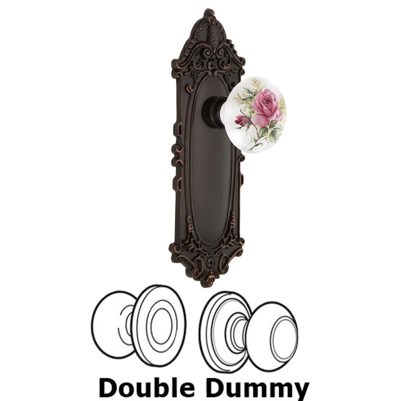 Nostalgic Warehouse Double Dummy Set - Victorian Plate with White Rose Porcelain Door Knob in Timeless Bronze