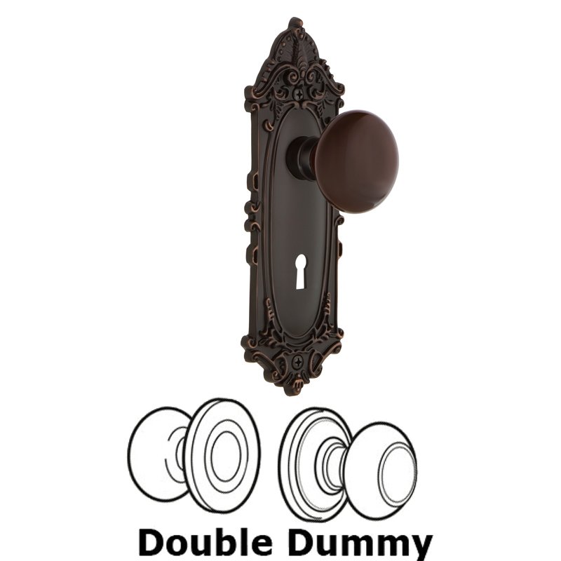 Nostalgic Warehouse Double Dummy Set with Keyhole - Victorian Plate with Brown Porcelain Door Knob in Timeless Bronze