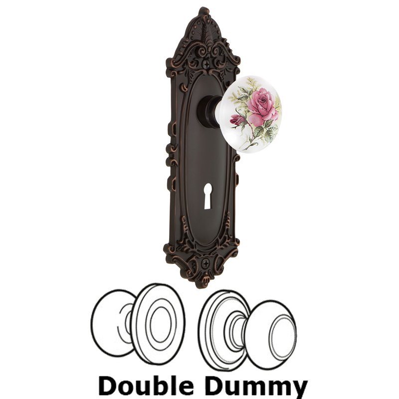 Nostalgic Warehouse Double Dummy Set with Keyhole - Victorian Plate with White Rose Porcelain Door Knob in Timeless Bronze