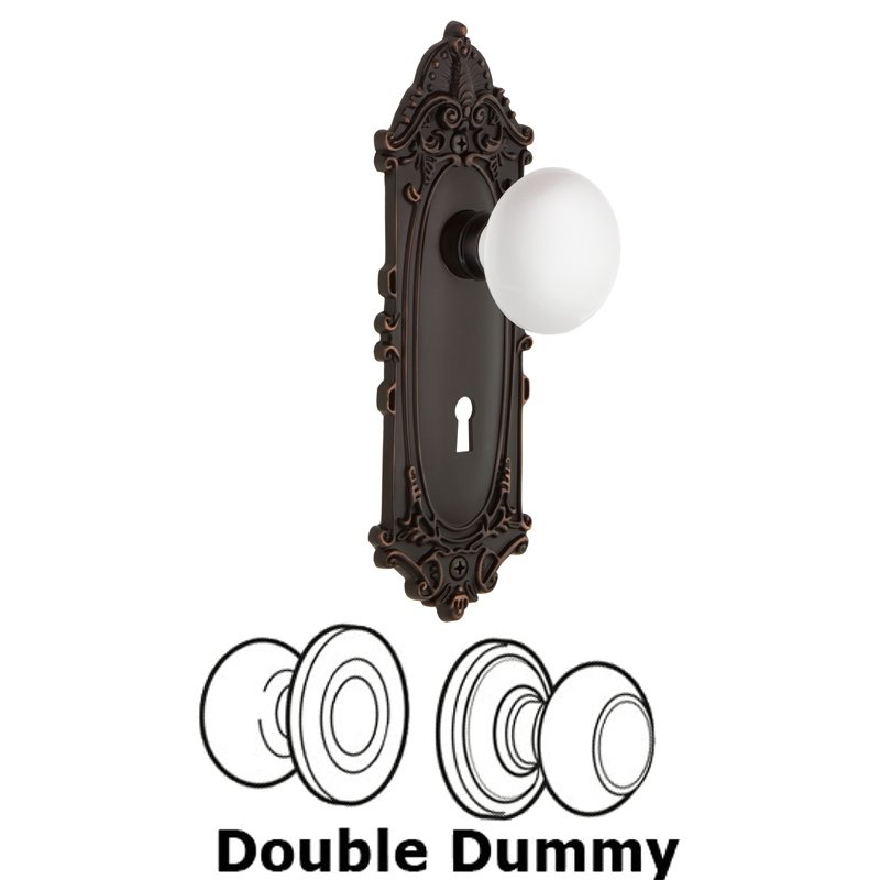 Nostalgic Warehouse Double Dummy Set with Keyhole - Victorian Plate with White Porcelain Door Knob in Timeless Bronze