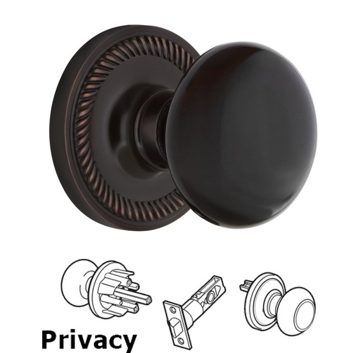 Nostalgic Warehouse Complete Privacy Set - Rope Rosette with Black Porcelain Door Knob in Timeless Bronze
