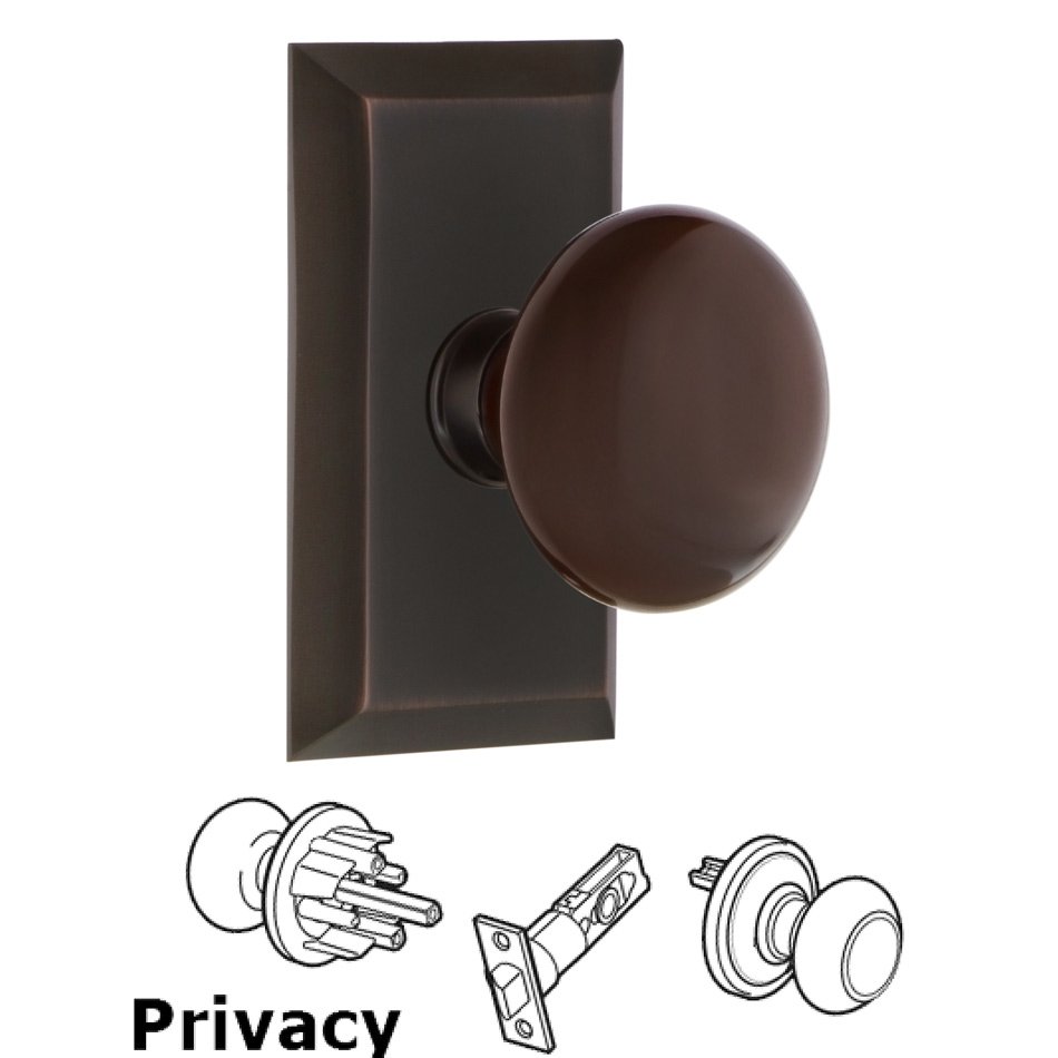 Nostalgic Warehouse Complete Privacy Set - Studio Plate with Brown Porcelain Door Knob in Timeless Bronze