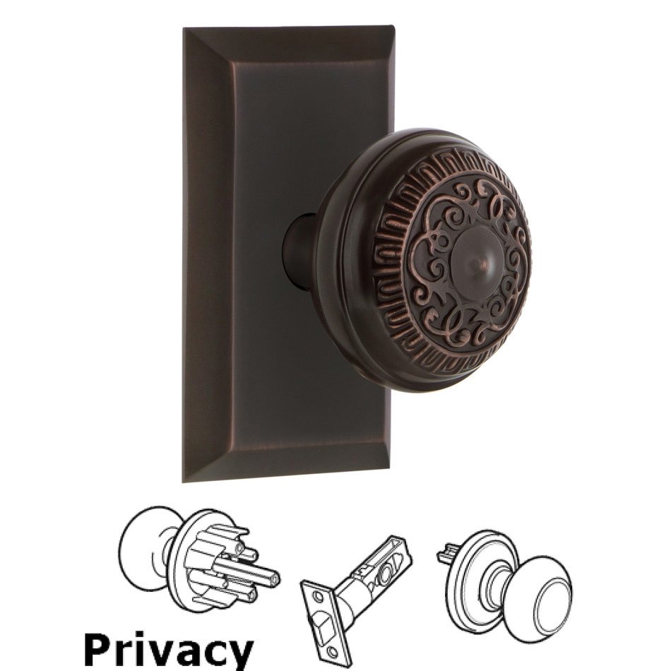 Nostalgic Warehouse Complete Privacy Set - Studio Plate with Egg & Dart Door Knob in Timeless Bronze