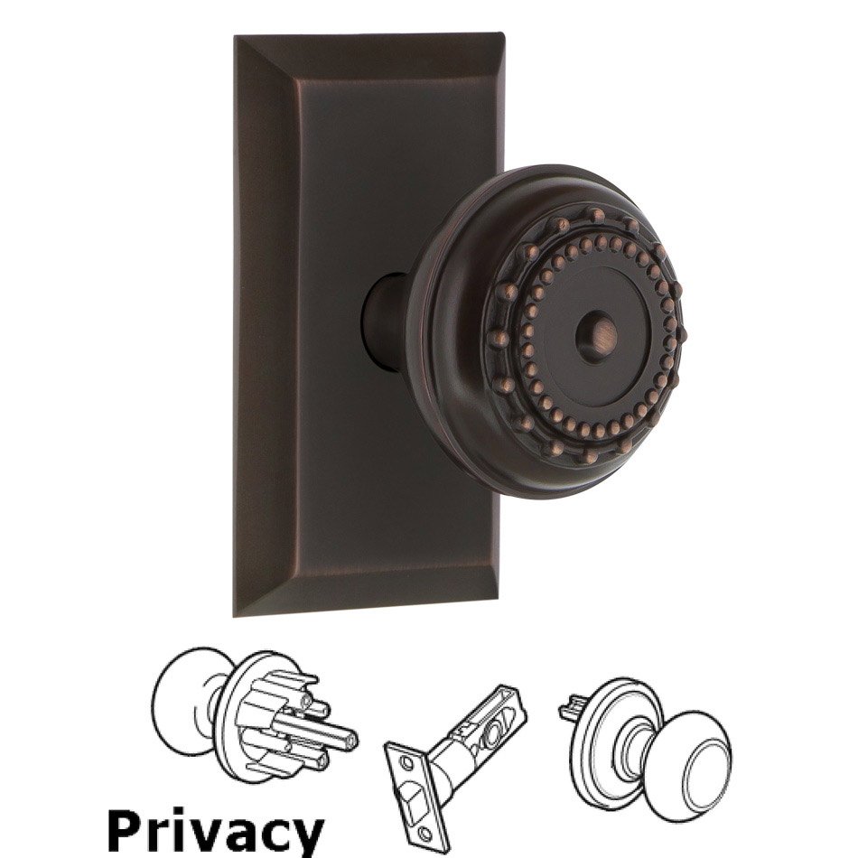 Nostalgic Warehouse Complete Privacy Set - Studio Plate with Meadows Door Knob in Timeless Bronze