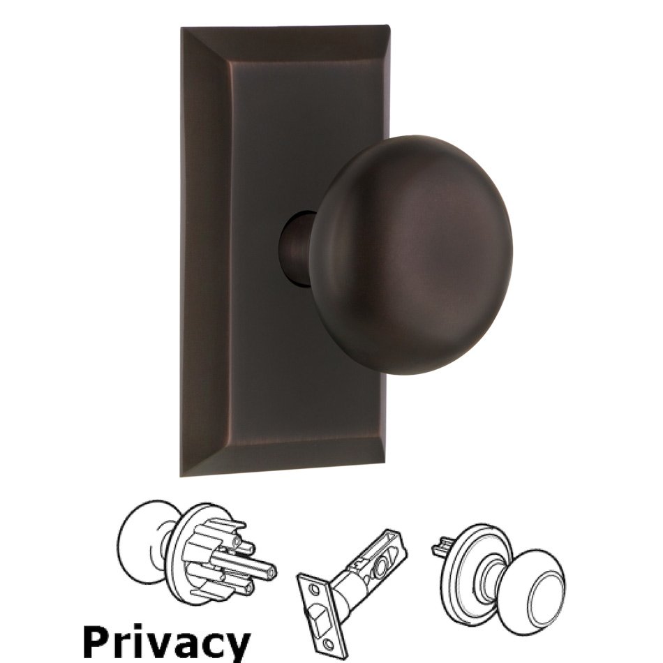 Nostalgic Warehouse Complete Privacy Set - Studio Plate with New York Door Knobs in Timeless Bronze
