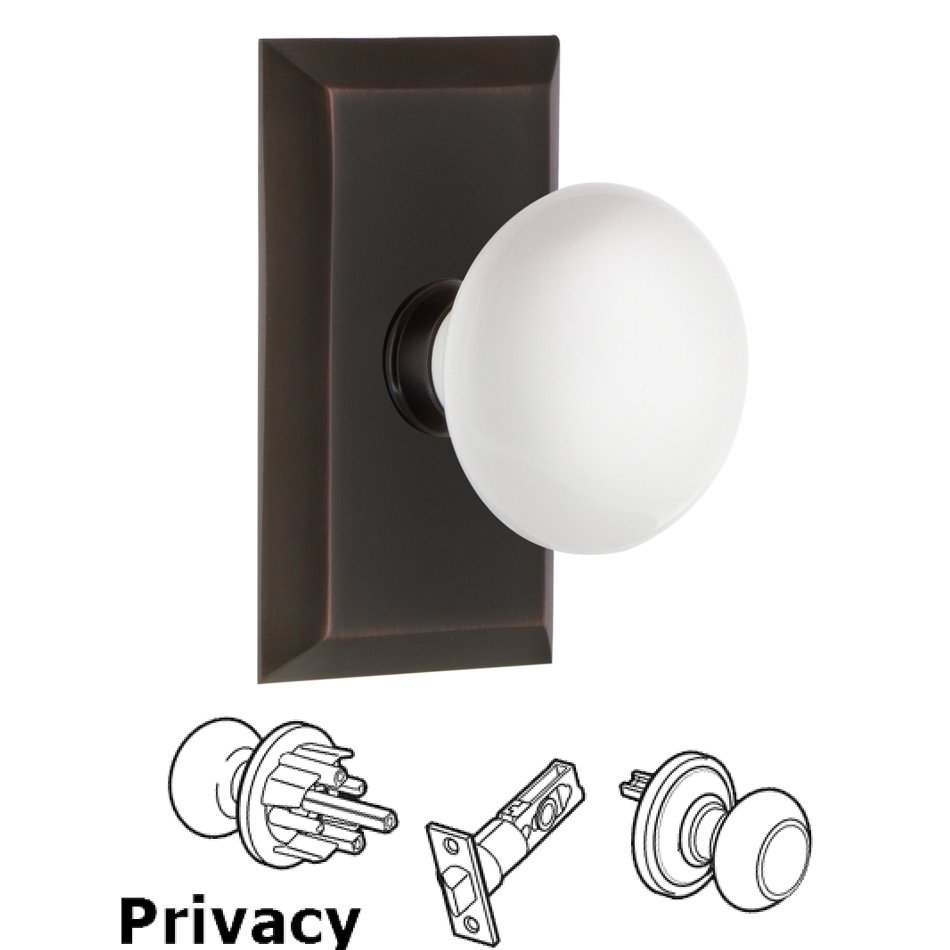 Nostalgic Warehouse Complete Privacy Set - Studio Plate with White Porcelain Door Knob in Timeless Bronze