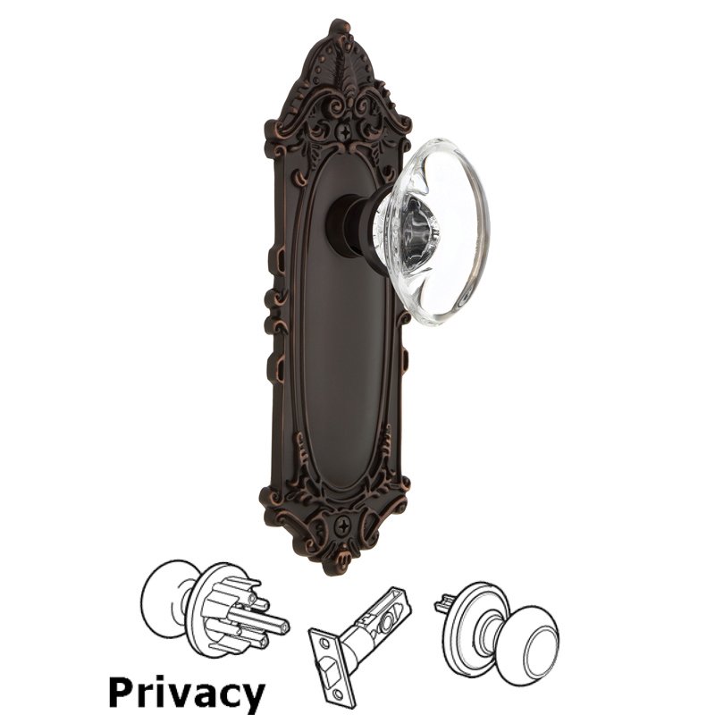 Nostalgic Warehouse Complete Privacy Set - Victorian Plate with Oval Clear Crystal Glass Door Knob in Timeless Bronze
