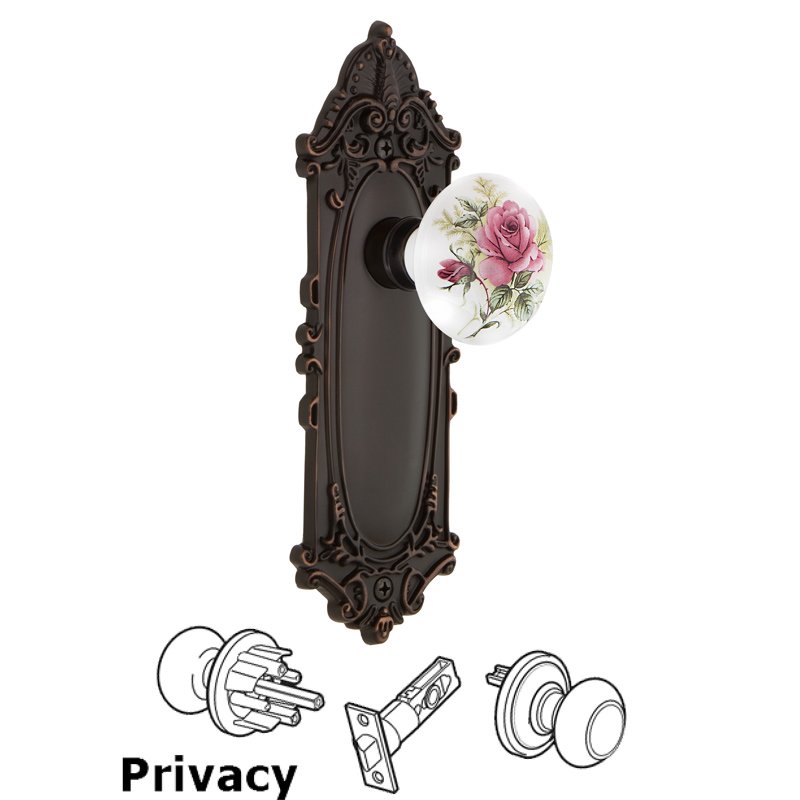 Nostalgic Warehouse Complete Privacy Set - Victorian Plate with White Rose Porcelain Door Knob in Timeless Bronze