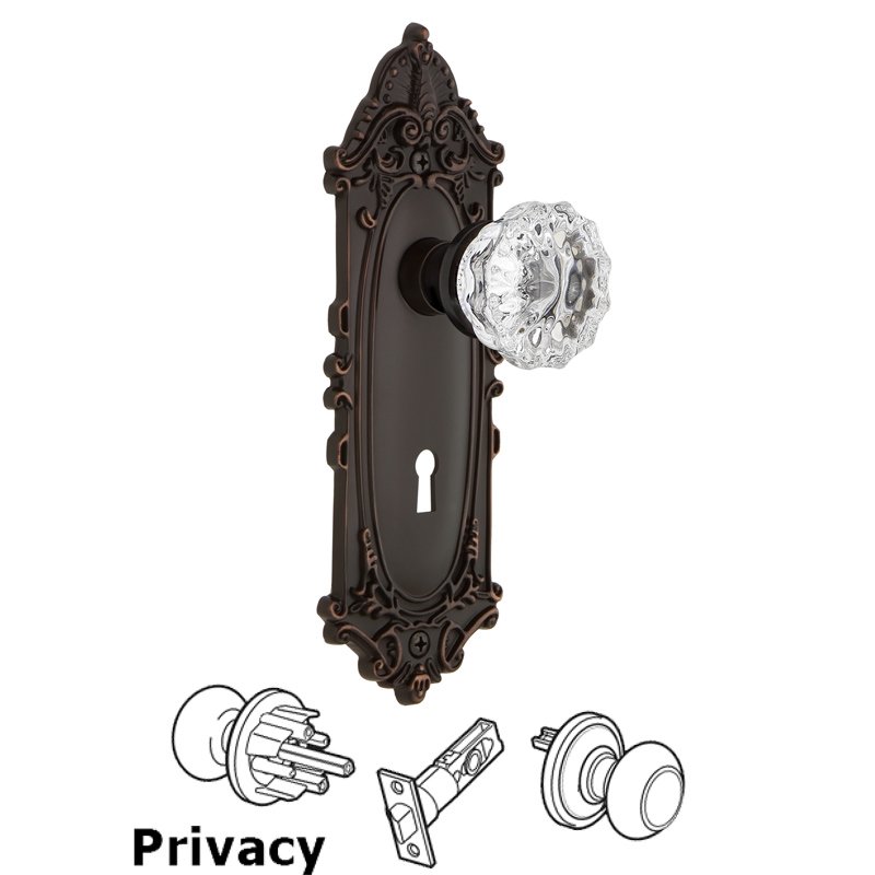 Nostalgic Warehouse Complete Privacy Set with Keyhole - Victorian Plate with Crystal Glass Door Knob in Timeless Bronze