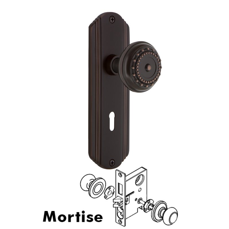 Nostalgic Warehouse Complete Mortise Lockset with Keyhole - Deco Plate with Meadows Door Knob in Timeless Bronze