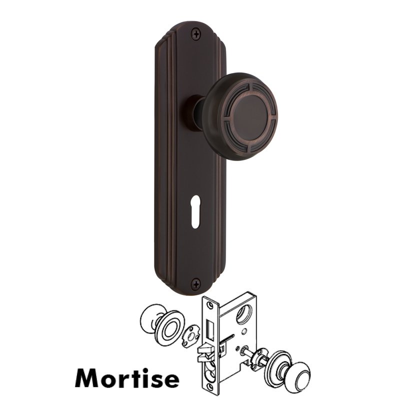 Nostalgic Warehouse Complete Mortise Lockset with Keyhole - Deco Plate with Mission Door Knob in Timeless Bronze
