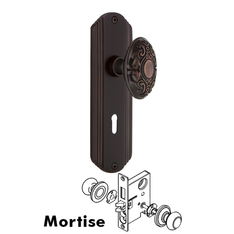 Nostalgic Warehouse Complete Mortise Lockset with Keyhole - Deco Plate with Victorian Door Knob in Timeless Bronze