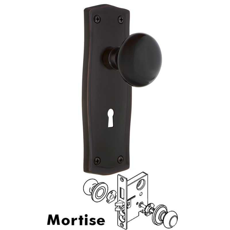 Nostalgic Warehouse Complete Mortise Lockset with Keyhole - Prairie Plate with Black Porcelain Door Knob in Timeless Bronze