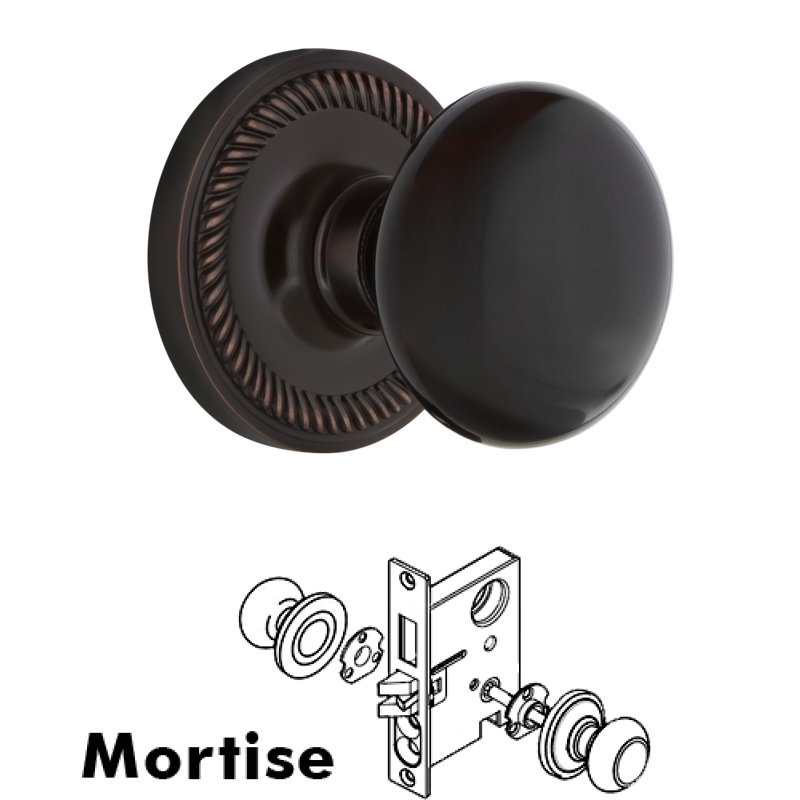 Nostalgic Warehouse Complete Mortise Lockset with Keyhole - Rope Rosette with Black Porcelain Door Knob in Timeless Bronze