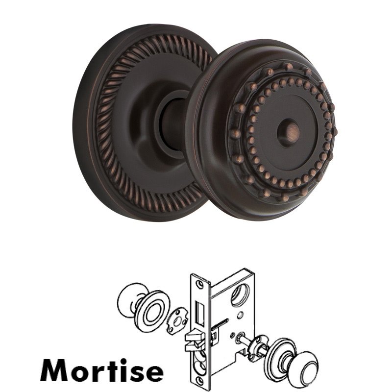 Nostalgic Warehouse Complete Mortise Lockset with Keyhole - Rope Rosette with Meadows Door Knob in Timeless Bronze